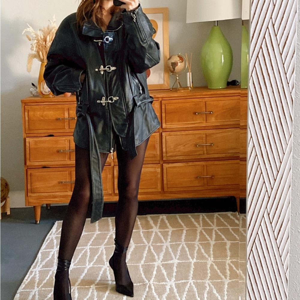 Black Leather Buckle-Front Jacket with Waist Tie